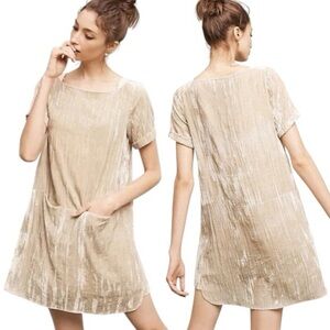 Anthropologie Floreat Crinkle Crushed Velvet Dress Champagne Pockets 0135